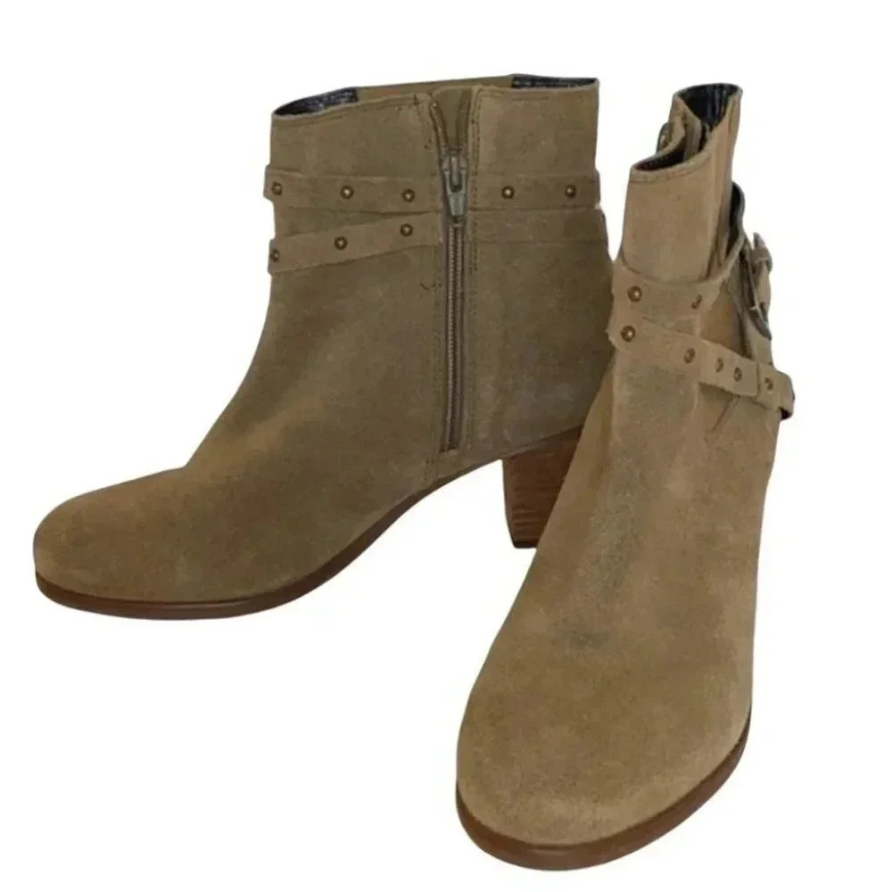 Camryn‎ Ankle Booties 8W Tan Suede Leather Studded Buckle Block Heel Boots